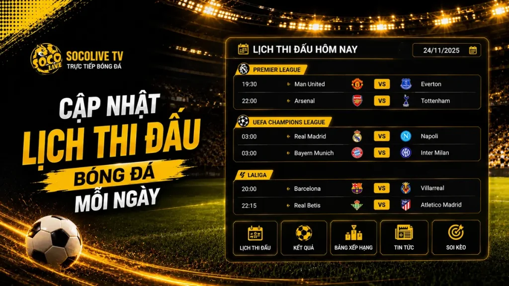 Lịch thi đấu bóng đá hôm nay trên Socolive TV