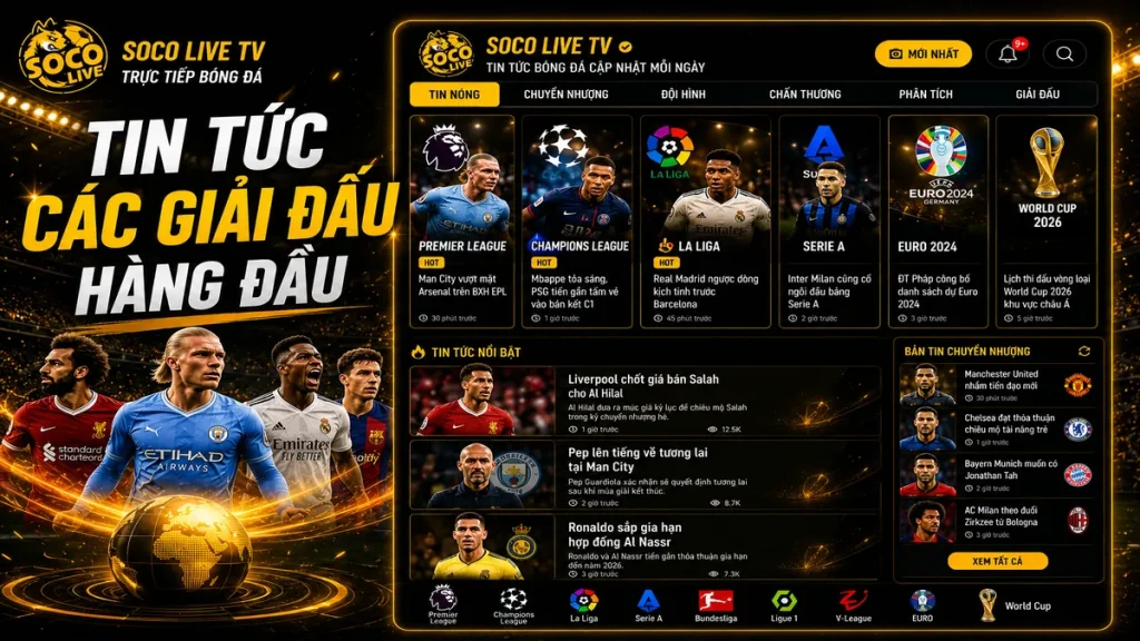Tin tức Ngoại hạng Anh Champions League La Liga Serie A và nhiều giải đấu lớn tại Socolive TV