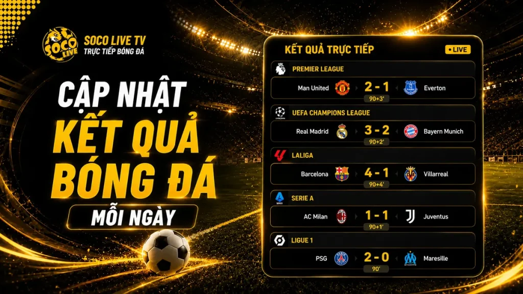 Kết quả bóng đá hôm nay trên Socolive TV được cập nhật liên tục với nhiều giải đấu lớn như Ngoại hạng Anh và Champions League