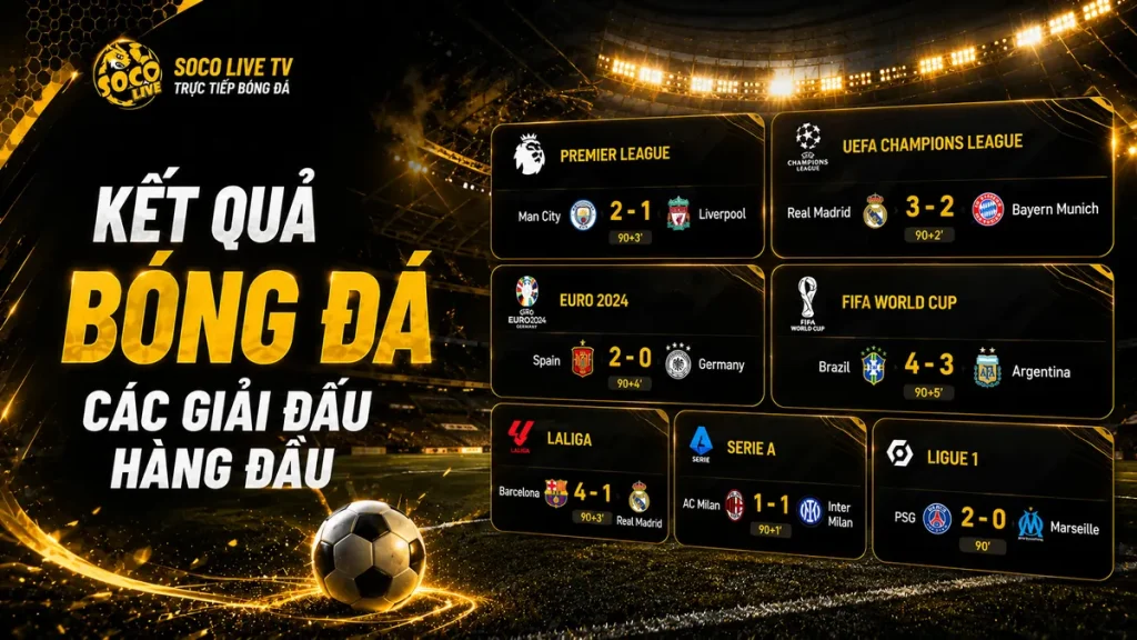 Kết quả bóng đá của nhiều giải đấu lớn như Premier League, Champions League và Euro được cập nhật trên Socolive TV